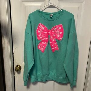 Jerzees Aqua sweat Shirt with Neon Pink sequined Bow size xl
